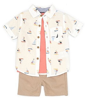 Image of Nautica Baby Boys 12-24 Months Short Sleeve Printed Poplin Shirt, Short Sleeve Solid Knit T-Shirt & Solid Woven Shorts Set