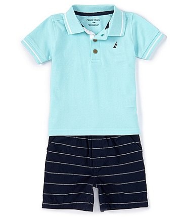 Image of Nautica Baby Boys 12-24 Months Short Sleeve Solid Pique Knit Polo Shirt & Striped Microsueded Twill Shorts Set