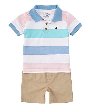 Image of Nautica Baby Boys 12-24 Months Short Sleeve Striped Knit Polo Shirt & Solid Oxford Shorts Set