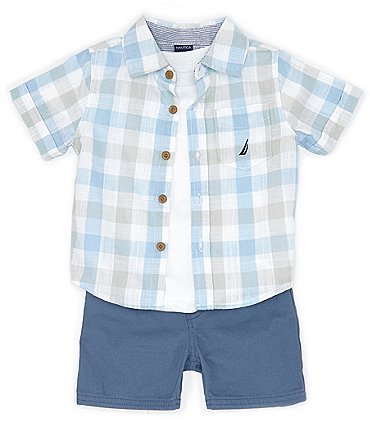 Image of Nautica Baby Boys 12-24 Months Short Sleeve Yarn Dyed Plaid Woven Shirt, Short Sleeve Knit T-Shirt & Microsuede Twill Shorts Set