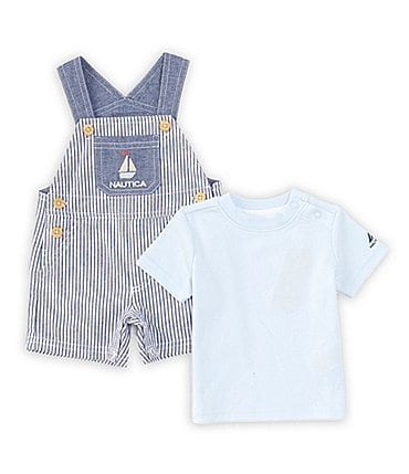 Image of Nautica Baby Boys Newborn-6 Months Sleeveless Striped Woven Oxford Shortall & Short-Sleeve Solid Interlock T-Shirt Set