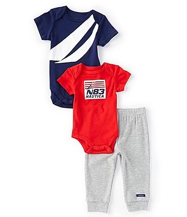Image of Nautica Baby Boys Newborn-9 Months Short-Sleeve Applique Bodysuit, Short-Sleeve Boxed-Logo Bodysuit & Jogger Pant Set