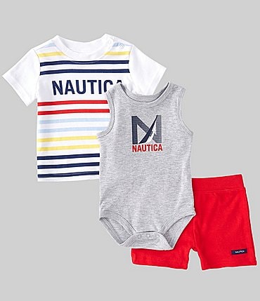 Image of Nautica Baby Boys Newborn-9 Months Sleeveless Bodysuit, Striped Wordmark Tee,  & Solid Shorts Set