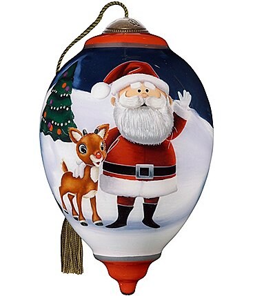 Image of Ne' Qwa Art Rudolph The Red-Nosed Reindeer & Santa Hand Painted Blown Glass Ornament