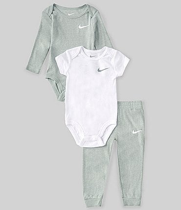 Image of Nike Baby 12-24 Months Long Sleeve & Short Sleeve Nike Essentials Solid Bodysuits and Jogger Pants 3-Piece Set