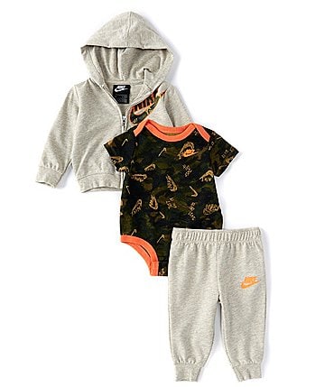 Image of Nike Baby Boys Newborn-24 Months Short-Sleeve Camouflage Bodysuit, Hoodie &  Jogger Pants Set