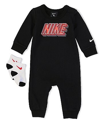 Image of Nike Baby Boys Newborn-9 Months Long-Sleeve Block Logo Coverall & Socks Set