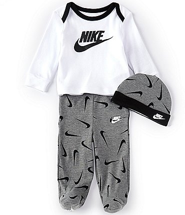 Image of Nike Baby Boys Newborn-9 Months Long-Sleeve Graphic Jersey Tee, Swoosh Footed Pants & Cap Set