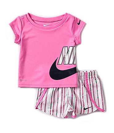 Image of Nike Baby Girls 12-24 Months Short-Sleeve Happy Camper Tee & Sprinter Striped Shorts Set