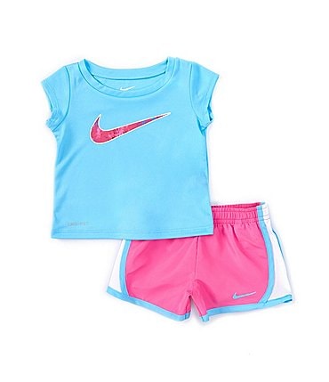 Image of Nike Baby Girls 12-24 Months Short Sleeve Swoosh Jersey T-Shirt & Coordinating Microfiber Shorts Set
