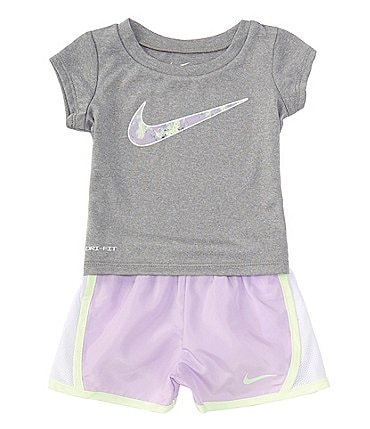 Image of Nike Baby Girls 12-24 Months Short Sleeve Swoosh Jersey T-Shirt & Coordinating Microfiber Shorts Set
