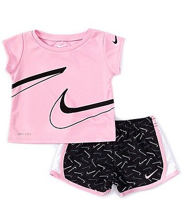 Image of Nike Baby Girls 12-24 Months Short Sleeve Swoosh T-Shirt & Swoosh Print Shorts Set