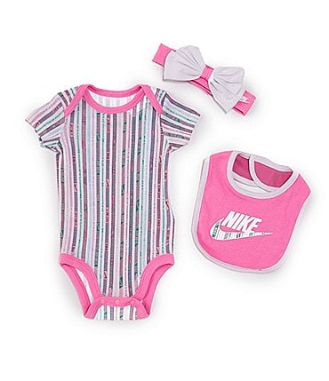 Image of Nike Baby Girls Newborn-12 Months Short Sleeve Happy Camper Striped Bodysuit