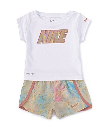 Image of Nike Baby Girls 12-24 Months Short Sleeve Solid Logo Interlock T-Shirt & Printed Microfiber Shorts Set