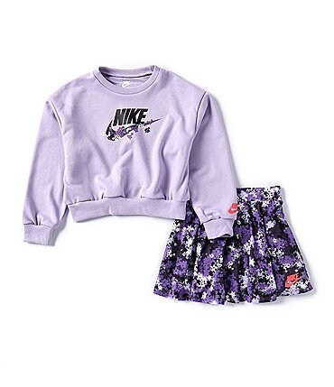 Image of Nike Little Girls 2T-6X Long Sleeve French Terry Sweatshirt & Floral-Printed Stretch Jersey Skort Set
