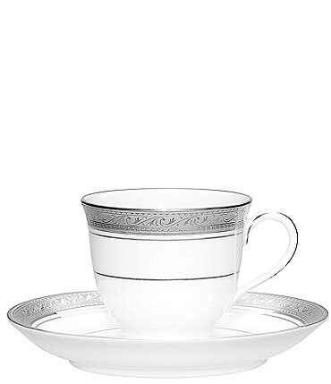 Image of Noritake Crestwood Etched Platinum Porcelain After Dinner Cup & Saucer Set