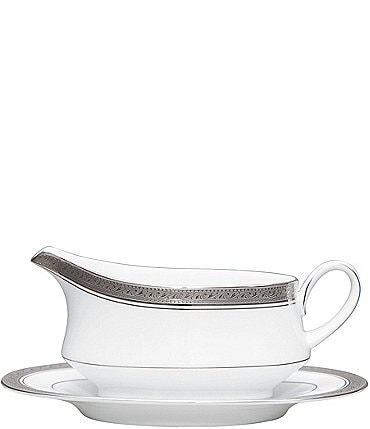 Image of Noritake Crestwood Etched Platinum Porcelain Gravy Boat with Stand