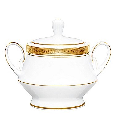 Image of Noritake Crestwood Gold Embossed and Leaf Bone China Sugar Bowl with Cover