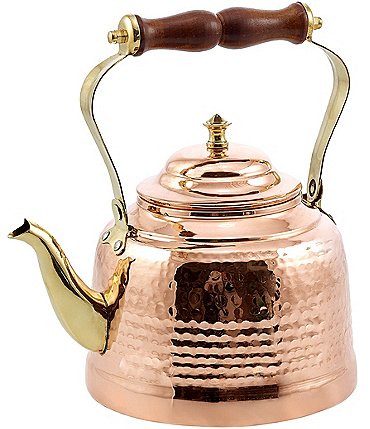 Image of Old Dutch Hammered Copper Tea Kettle with Brass Spout and Wood Handle