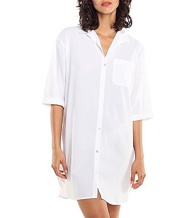 Image of Papinelle Whale Beach Solid Woven Button Front Nightshirt