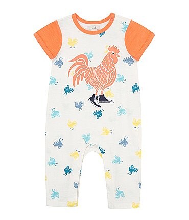 Image of Peek Baby Boys 6-24 Months Rolled Cuff Short Sleeve Rusty Rooster Coverall