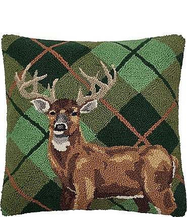 Image of Peking Handicraft Deer Plaid Wool Hook Square Throw Pillow