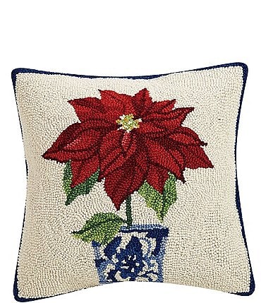 Image of Peking Handicraft Holiday Chinoiserie Poinsettia Hooked Wool Square Pillow