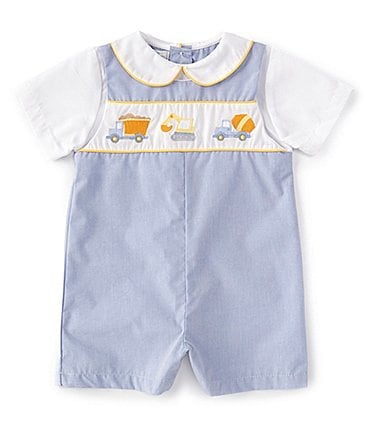 Image of Petit Ami Baby Boys 12-24 Months Short Sleeve Peter Pan Collared Construction Truck Shortalls