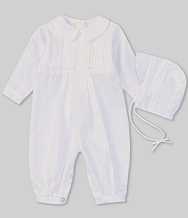 Image of Petit Ami Baby 3-24 Months Christening Pintuck Coverall & Bonnet