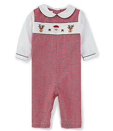 Image of Petit Ami Baby Boys 3-24 Months Long Sleeve Checked/Solid Christmas Reindeer/Santa Coverall