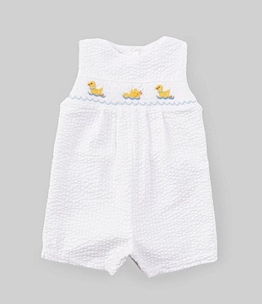 Image of Petit Ami Baby Boys 3-24 Months Sleeveless Duck-Embroidered Smocked Seersucker Shortall