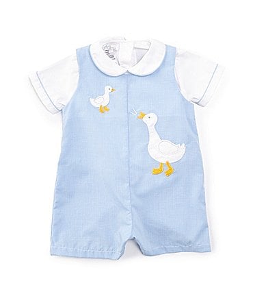 Image of Petit Ami Baby Boys 3-24 Months Sleeveless Goose-Appliqued Shortall & Short-Sleeve Woven Shirt Set