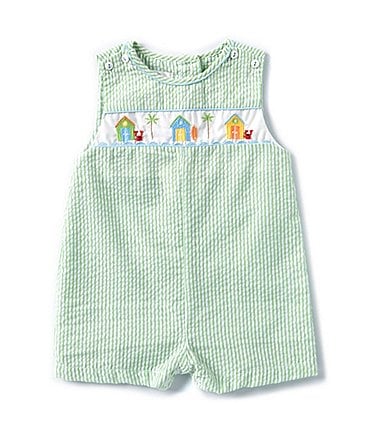 Image of Petit Ami Baby Boys 3-24 Months Sleeveless Striped Beach House Embroidered Smocked Shortall