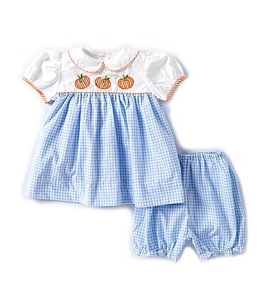 Image of Petit Ami Baby Girls  3-24 Months Puffed Sleeve Pumpkin-Appliqued Gingham Colorblock Dress