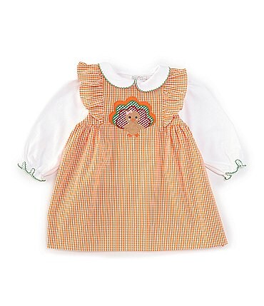 Image of Petit Ami Baby Girls 12-24 Months Sleeveless Thanksgiving Turkey Applique Checked Jumper Dress & Long Sleeve Solid Knit Top Set