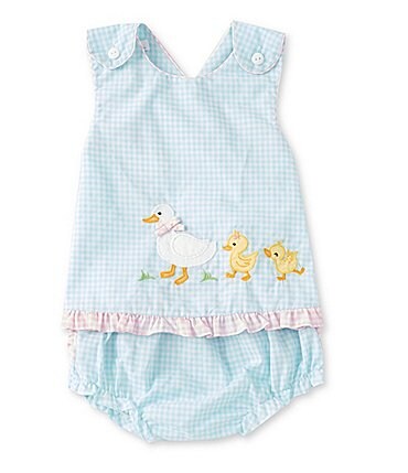 Image of Petit Ami Baby Girls 3-24 Month Sleeveless Checked Duck-Appliqued Popover Top and Matching Bloomers