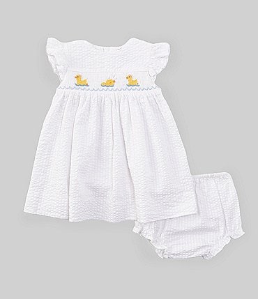 Image of Petit Ami Baby Girls 3-24 Months Flutter-Sleeve Checked/Duck Motif Fit-And-Flare Dress