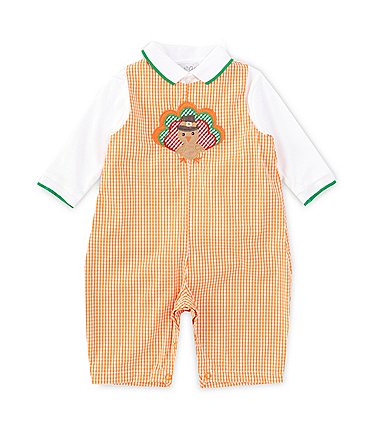 Image of Petit Ami Baby Girls 3-24 Months Sleeveless Thanksgiving Turkey Woven Coverall & Long Sleeve Knit Top Set