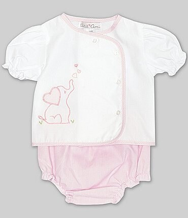 Image of Petit Ami Baby Girls Newborn-6 Months Puff Short-Sleeve Elephant Embroidered Applique Top & Diaper Set