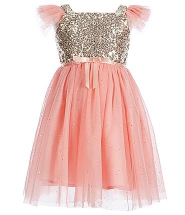Image of Popatu Little/Big Girls 2-8 Sequin-Bodice Flutter-Sleeve Glitter-Tulle Dress