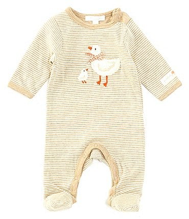 Image of Purebaby Baby Boys Newborn-12 Months Organic Cotton Long Sleeve Duck-Applique Mini Stripe Footed Coverall