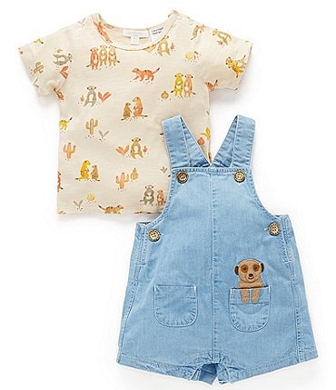 Image of PureBaby® Baby Boys Newborn-24 Months Denim Shortall & Short-Sleeve Meercat-Printed T-Shirt Set