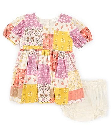 Image of Purebaby Baby Girls Newborn-24 Months Puffed-Sleeve Patchwork Fit-And-Flare Dress
