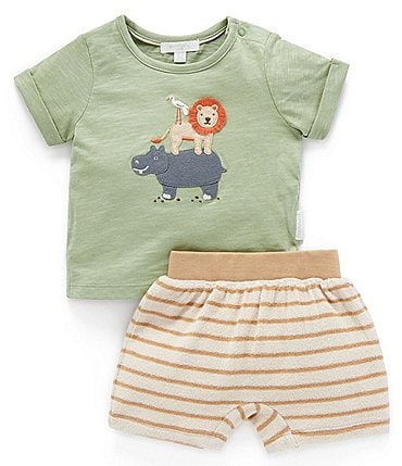 Image of PureBaby®Baby Boys Newborn-24 Months Short Sleeve Safari Animal T-Shirt & Striped Shorts Set