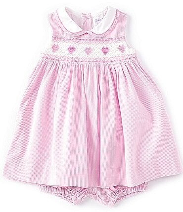 Image of Rachel Riley Baby Girls 6-24 Months Heart Smocked Dress Striped Peter Pan Collar Sleeveless Dress * Matching Bloomers