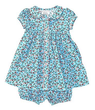 Image of Rachel Riley Baby Girls 6-24 Months Short Sleeve Floral Button Front Collared Dress & Matching Bloomer