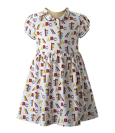 Image of Rachel Riley Little Girls 2T-10 Collared Neck Short Sleeve Allover ABC Print Dress