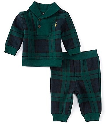 Image of Ralph By Ralph Lauren Baby Boys 3-24 Months Long-Sleeve Plaid Fleece Pull-Over Sweater & Jogger Pants Set