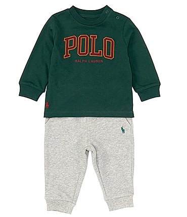 Image of Ralph Lauren Baby Boys 3-24 Months Long Sleeve Logo Jersey Tee & Fleece Jogger Pants Set