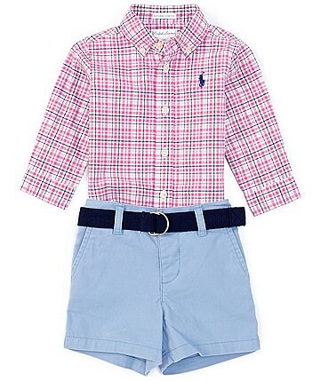 Image of Ralph Lauren Baby Boys 3-24 Months Long-Sleeve Plaid Shirt, Belt & Short Set
